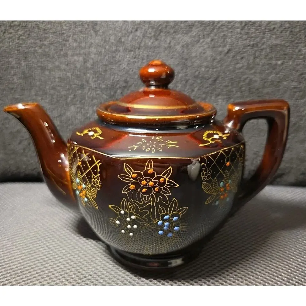Vintage Brown Betty Redware Teapot Moriage Enamel Hand Painted Japan GUC MCM